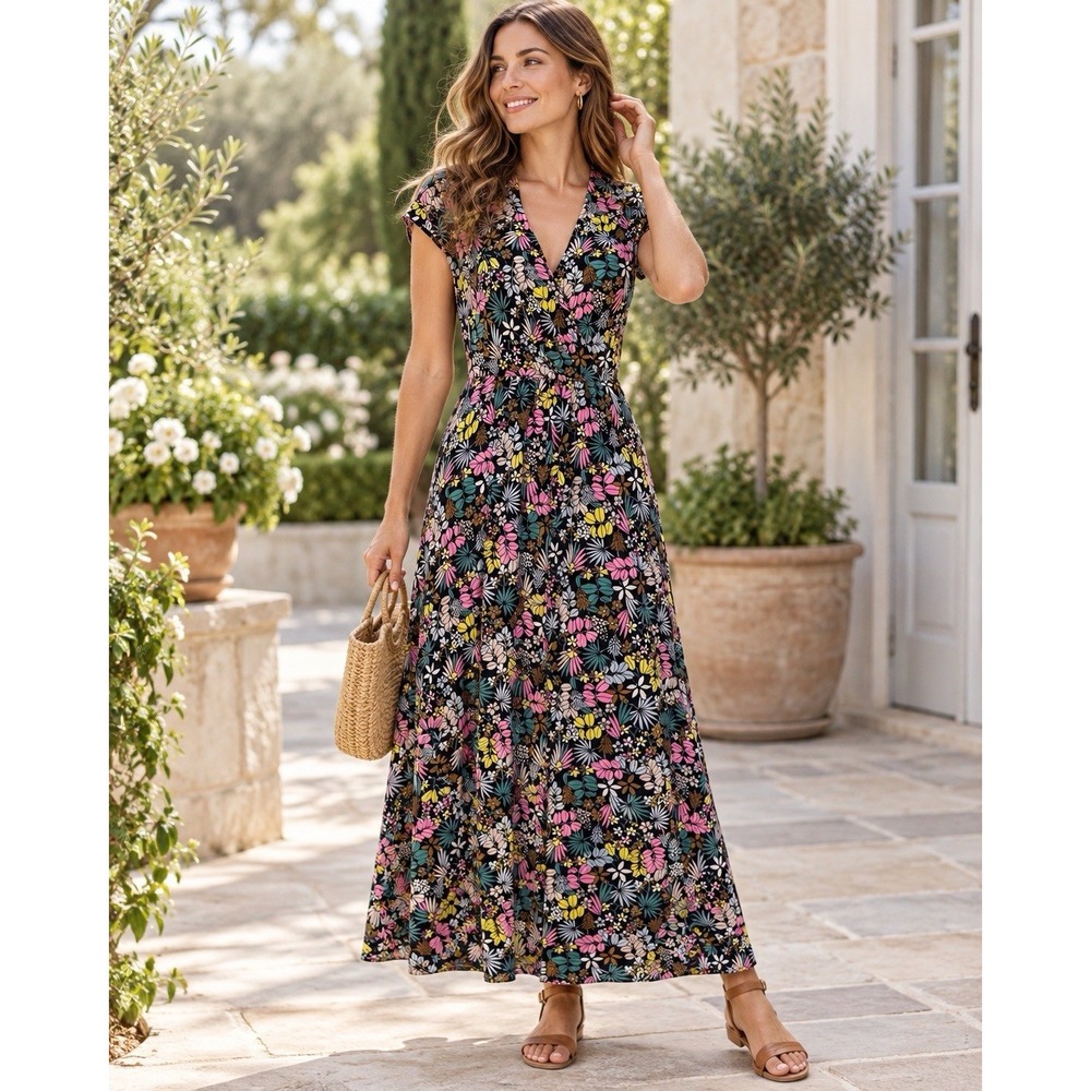 Boden Floral Maxi Dress US 6R Black Multicolor Surplice V Neck Stretch Jersey